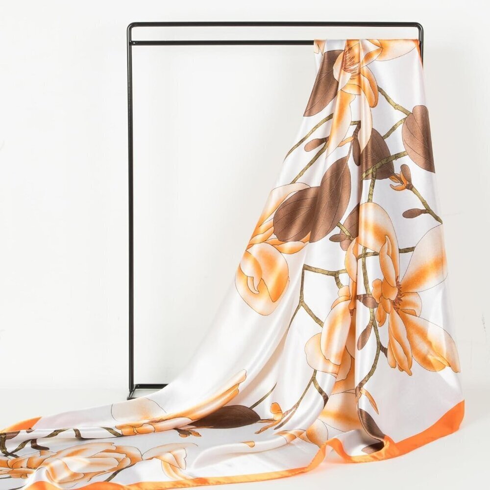 Women's Orange/Brown Head Scarf Like Silk Printed Square Hair Bandanas 35 Inches - Picture 5 of 7